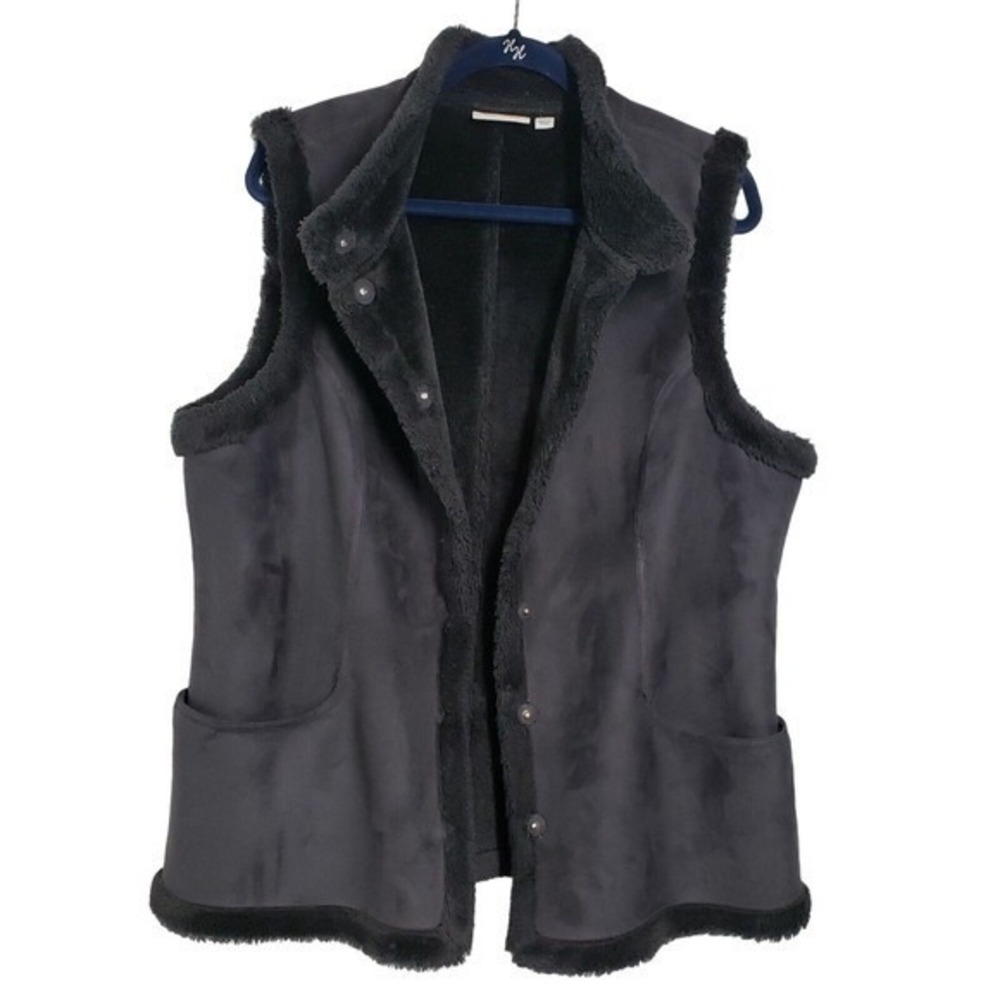 Vintage Denim & Co Faux Suede Fur Trimmed Vest Women Large Black Western Y2K Ski